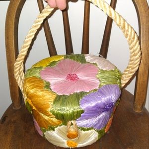 Vintage Boho Woven Raffia Straw Basket Purse Floral Boho Bucket Bohemian Flower